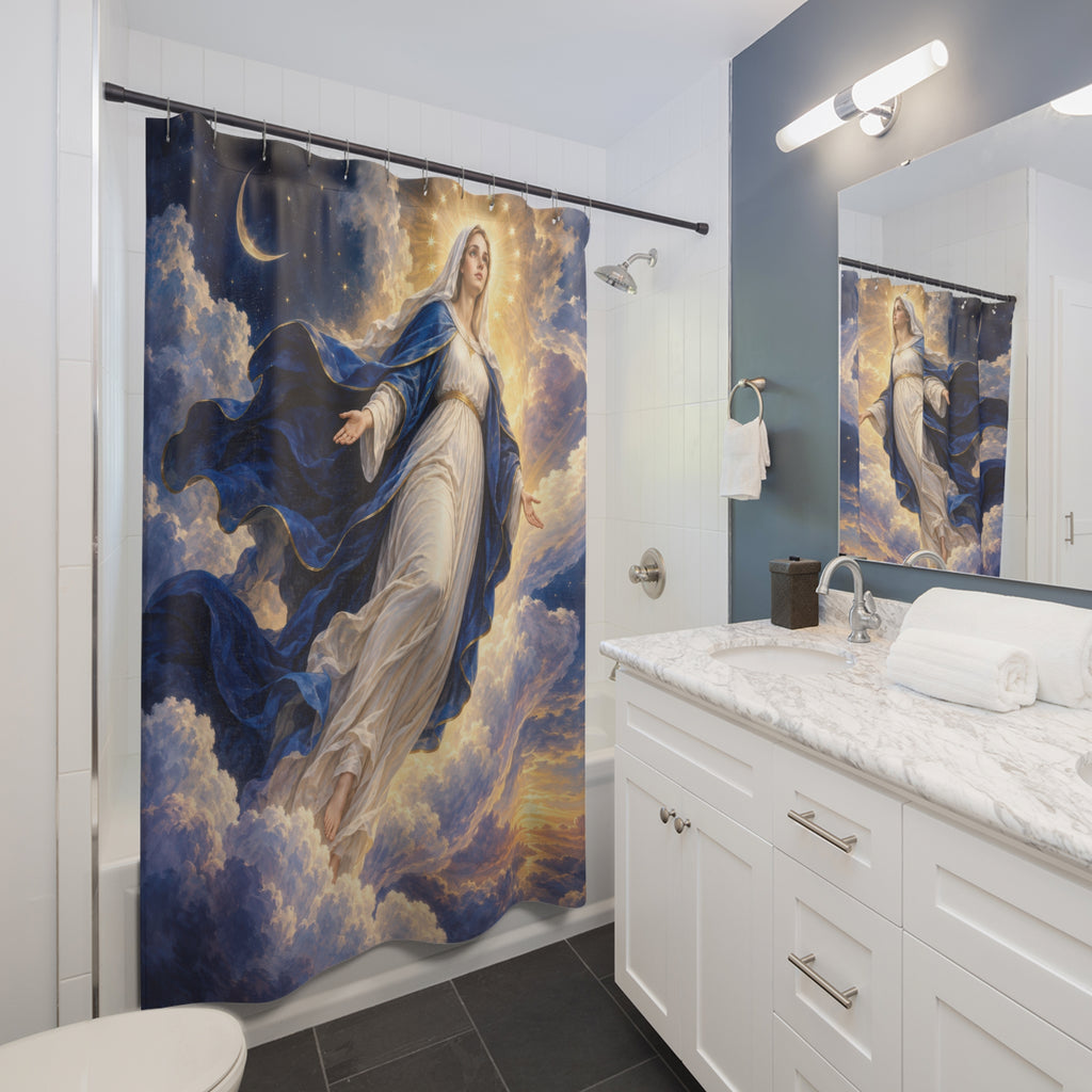 Virgin Mary ascending through blue and gold clouds shower curtain beside a white vanity