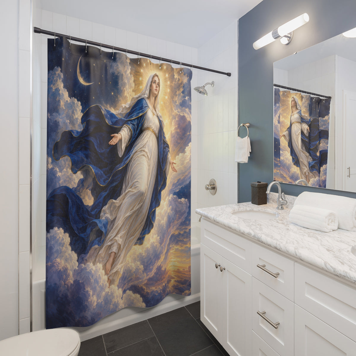 Virgin Mary ascending through blue and gold clouds shower curtain beside a white vanity