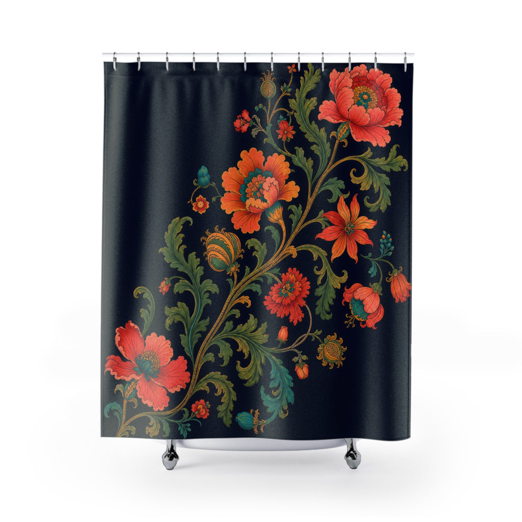 Navy jewel tone Jacobean serpentine floral shower curtain with full front view