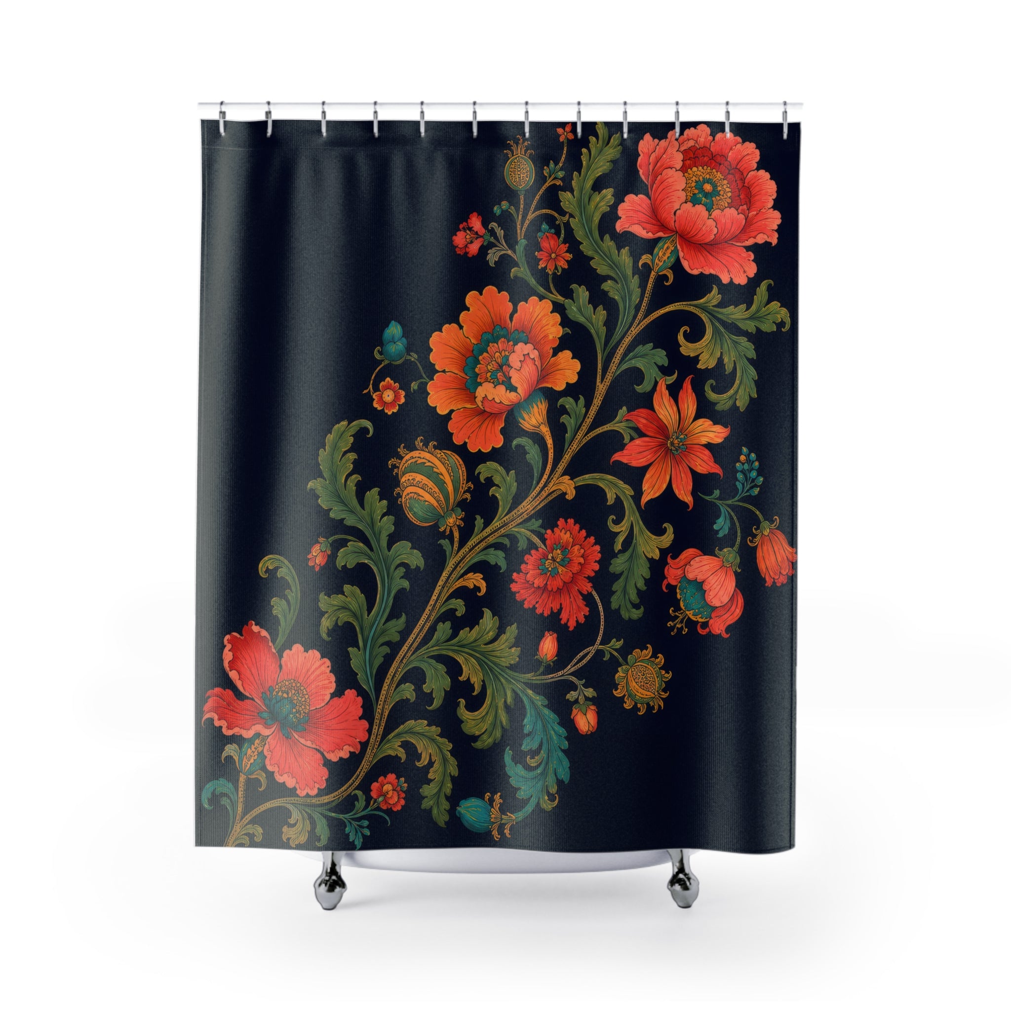 Navy jewel tone Jacobean serpentine floral shower curtain with full front view