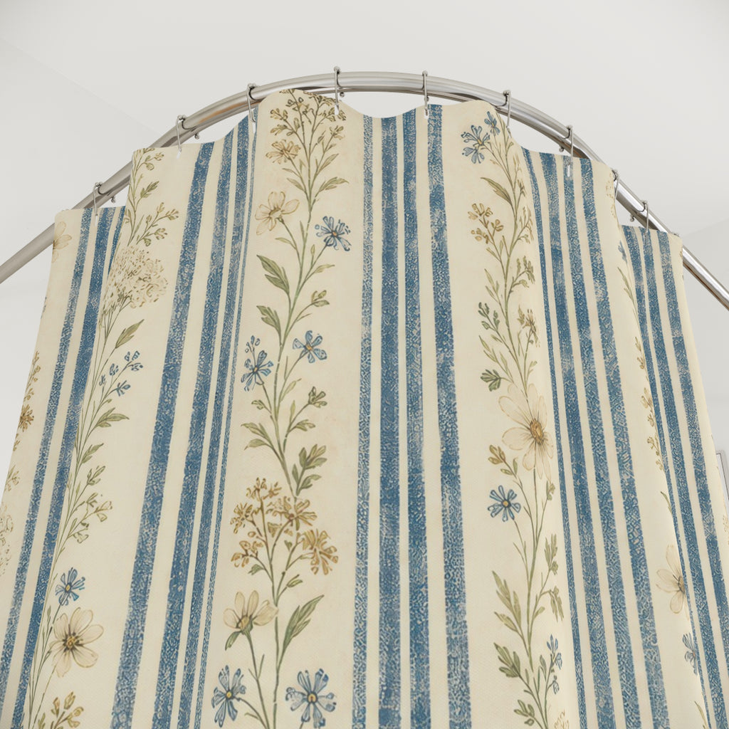 Blue Beige Floral Stripe Farmhouse Shower Curtain