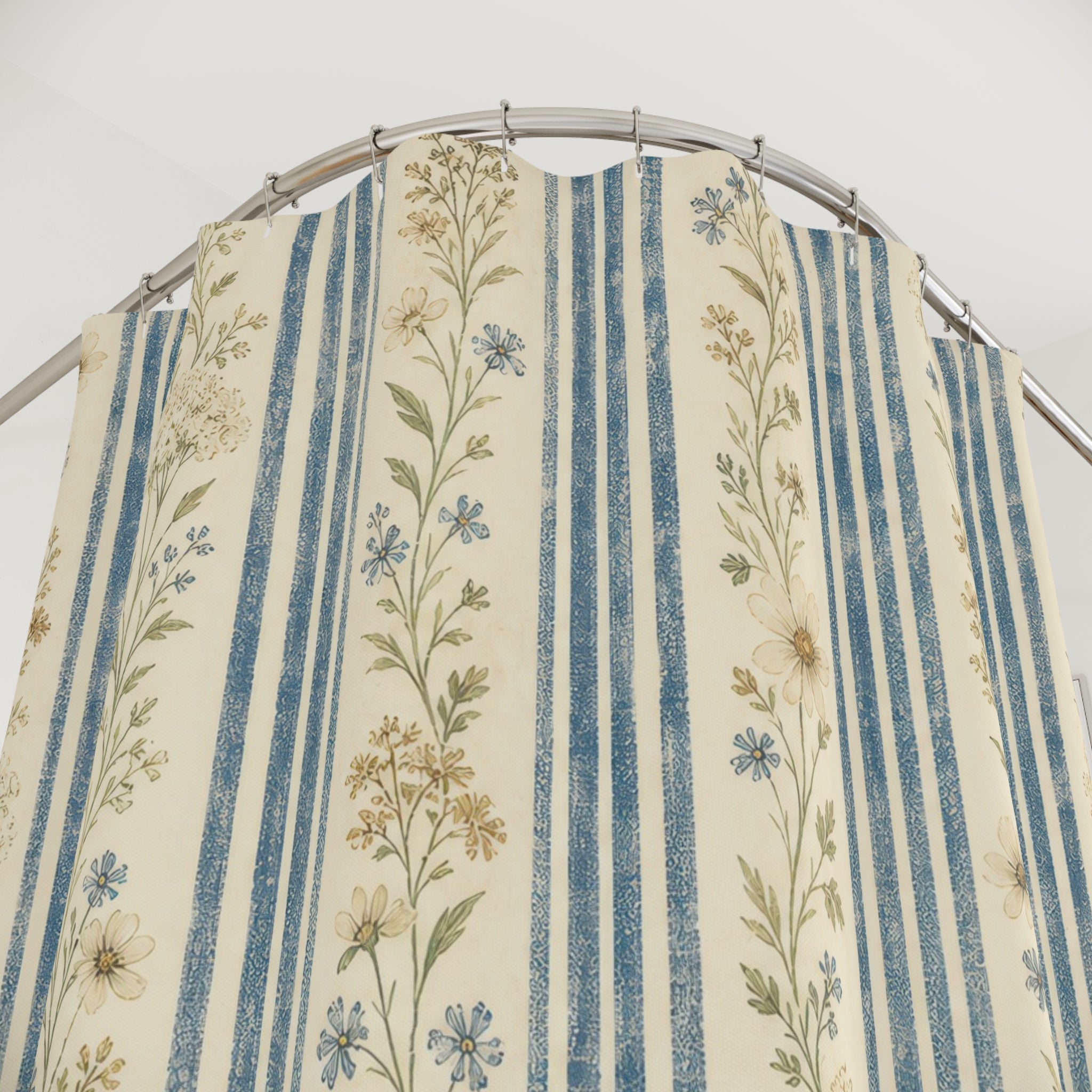 Blue Beige Floral Stripe Farmhouse Shower Curtain