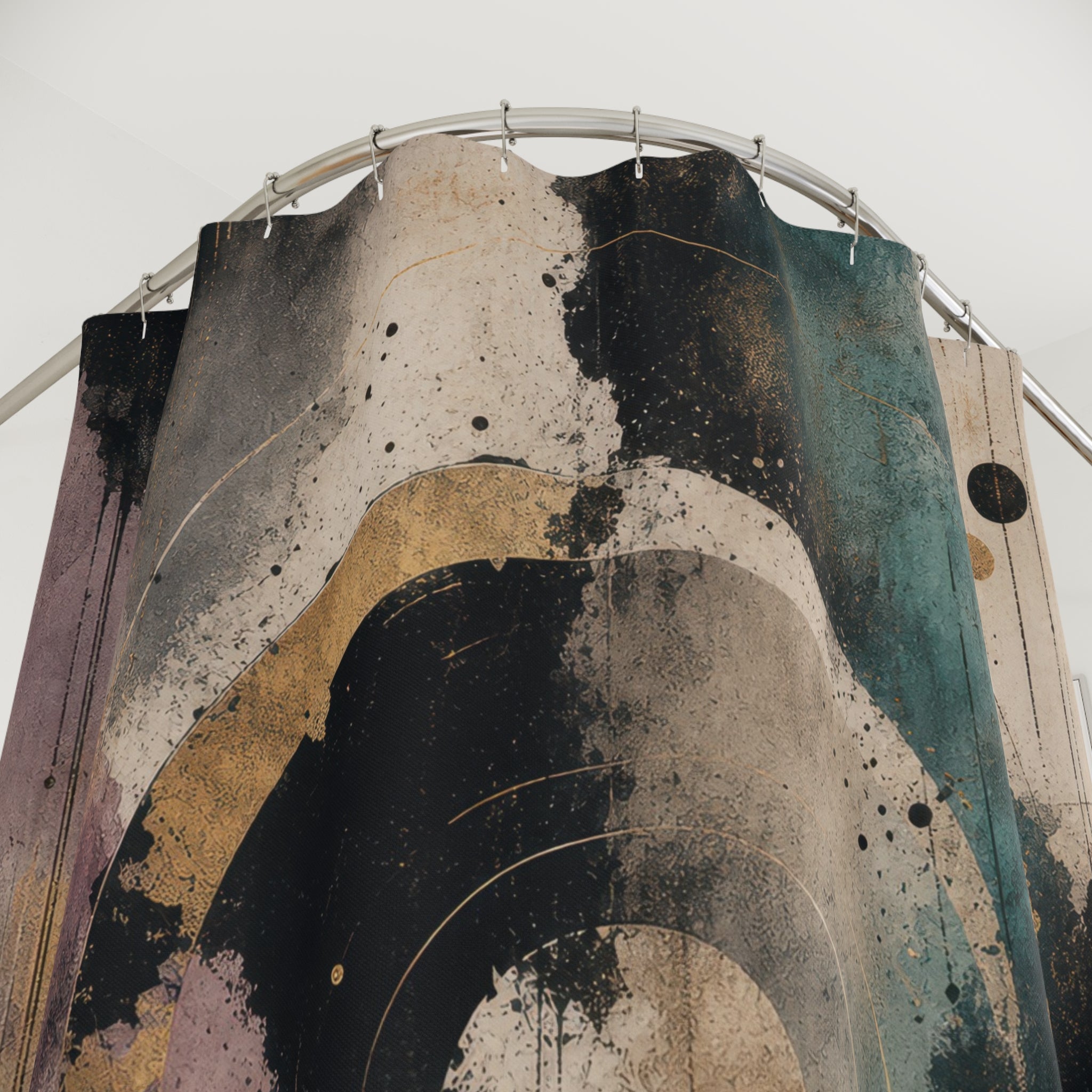 Abstract Shower Curtain, Black Teal Circle Design, Purple Gold Modern Bath Decor, Moody Geometric Guest Bathroom Style, Dark Decor