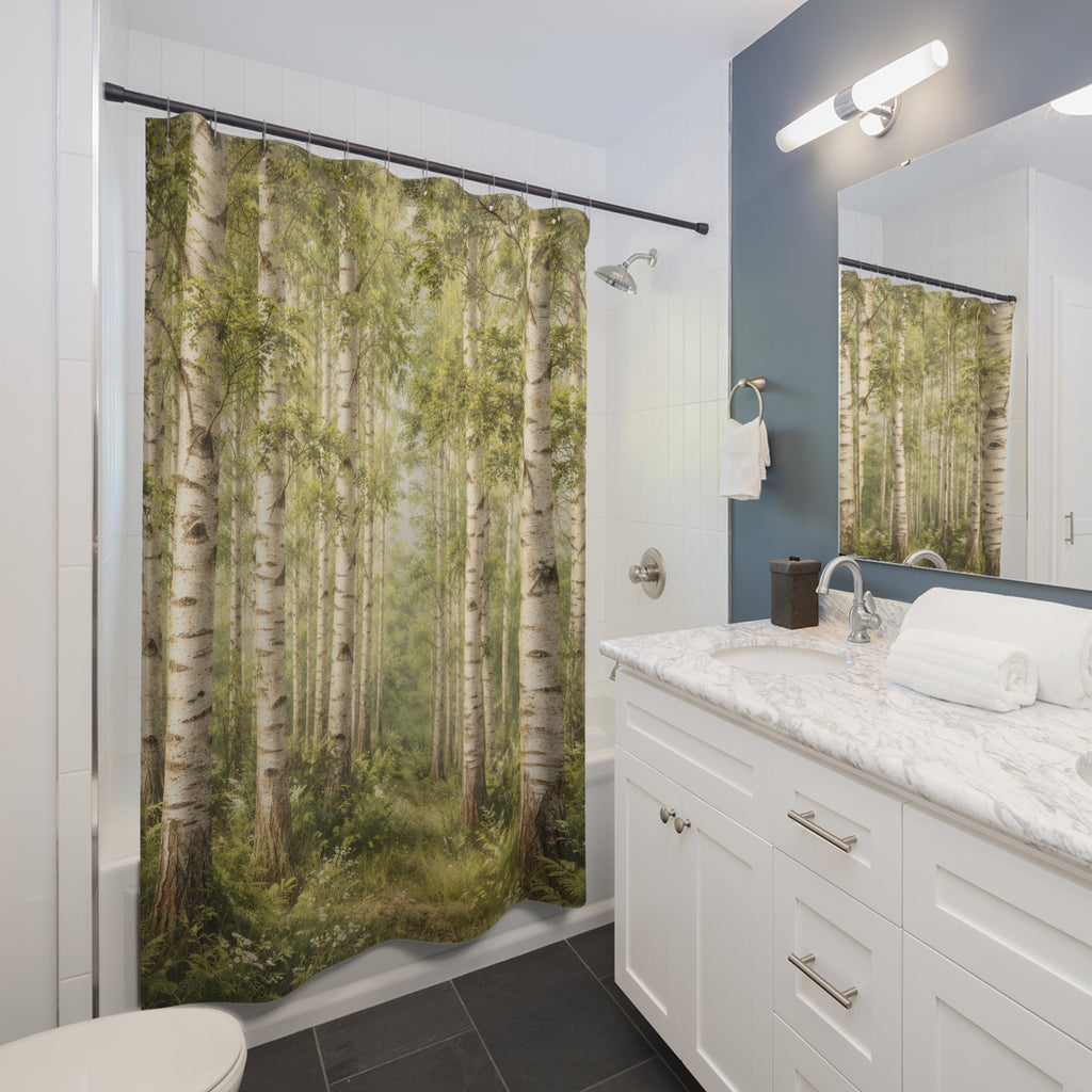 Birch Forest Shower Curtain – Green Woodland