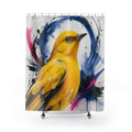 Expressive yellow bird with blue painted halo shower curtain with full front view