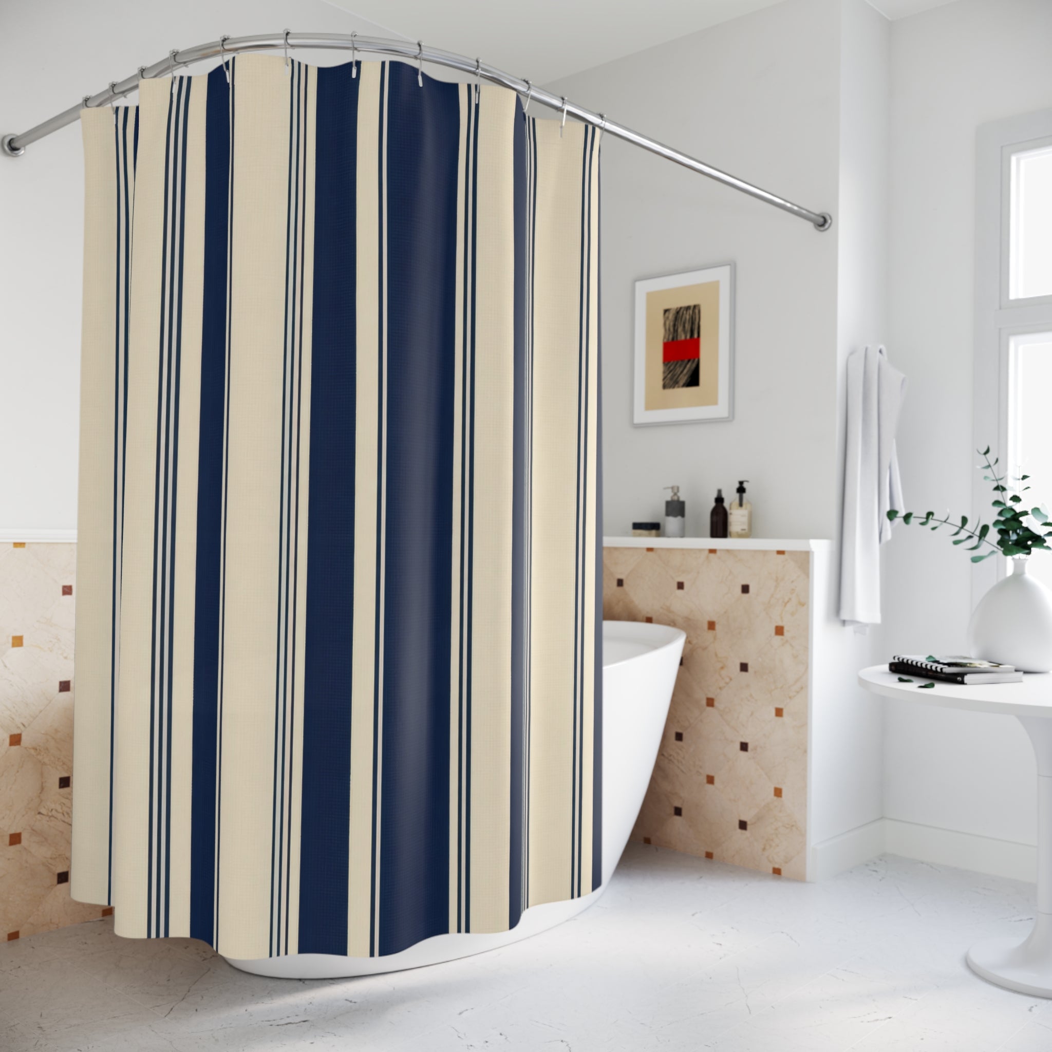 Navy Blue Cream Tan Stripe Shower Curtain