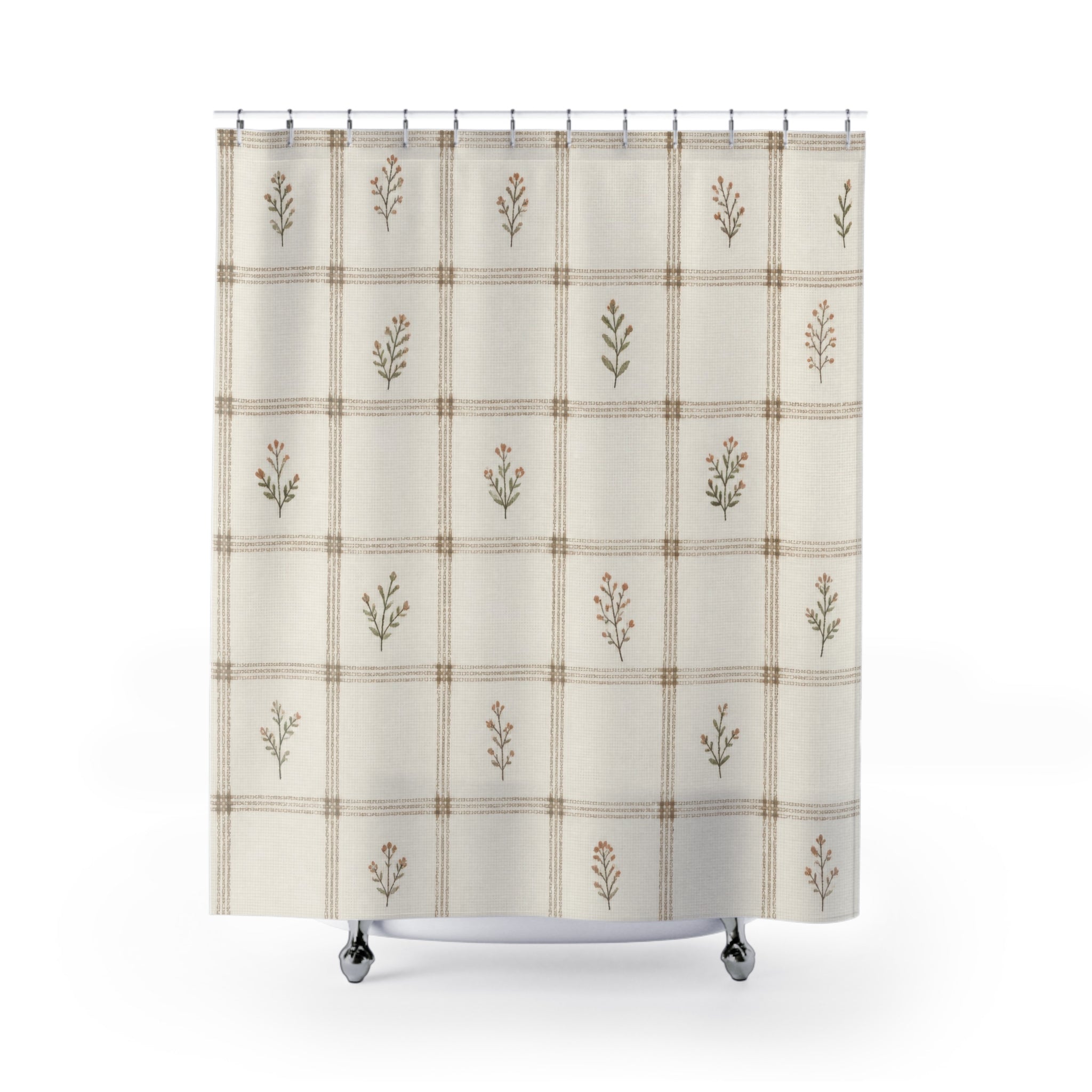 Cream Beige Farmhouse Check Shower Curtain