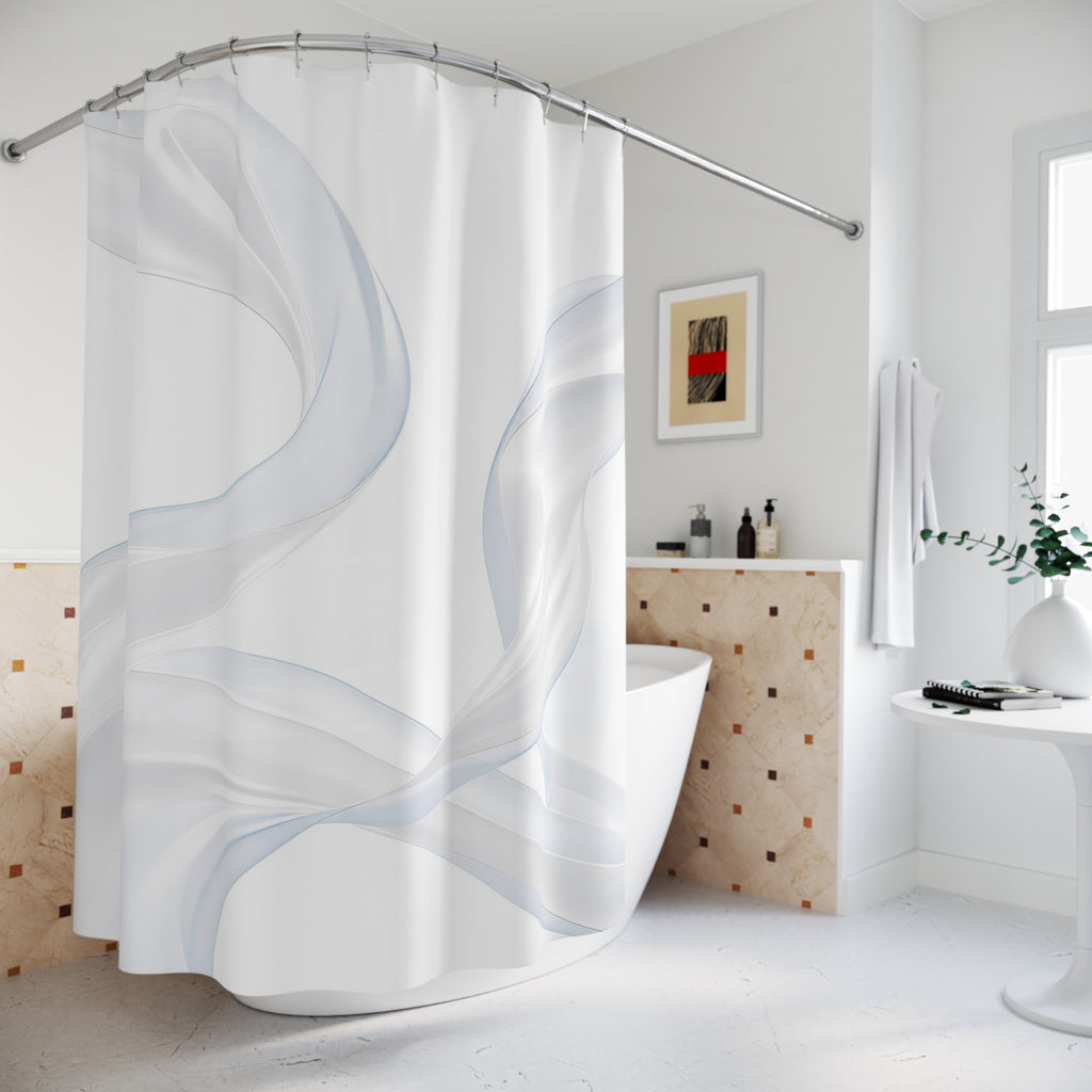 White Shower Curtain, Modern Abstract Bath Decor, Soft Ribbon Pattern, Minimal Guest Bathroom Decor, Spa Neutral White Style Decor
