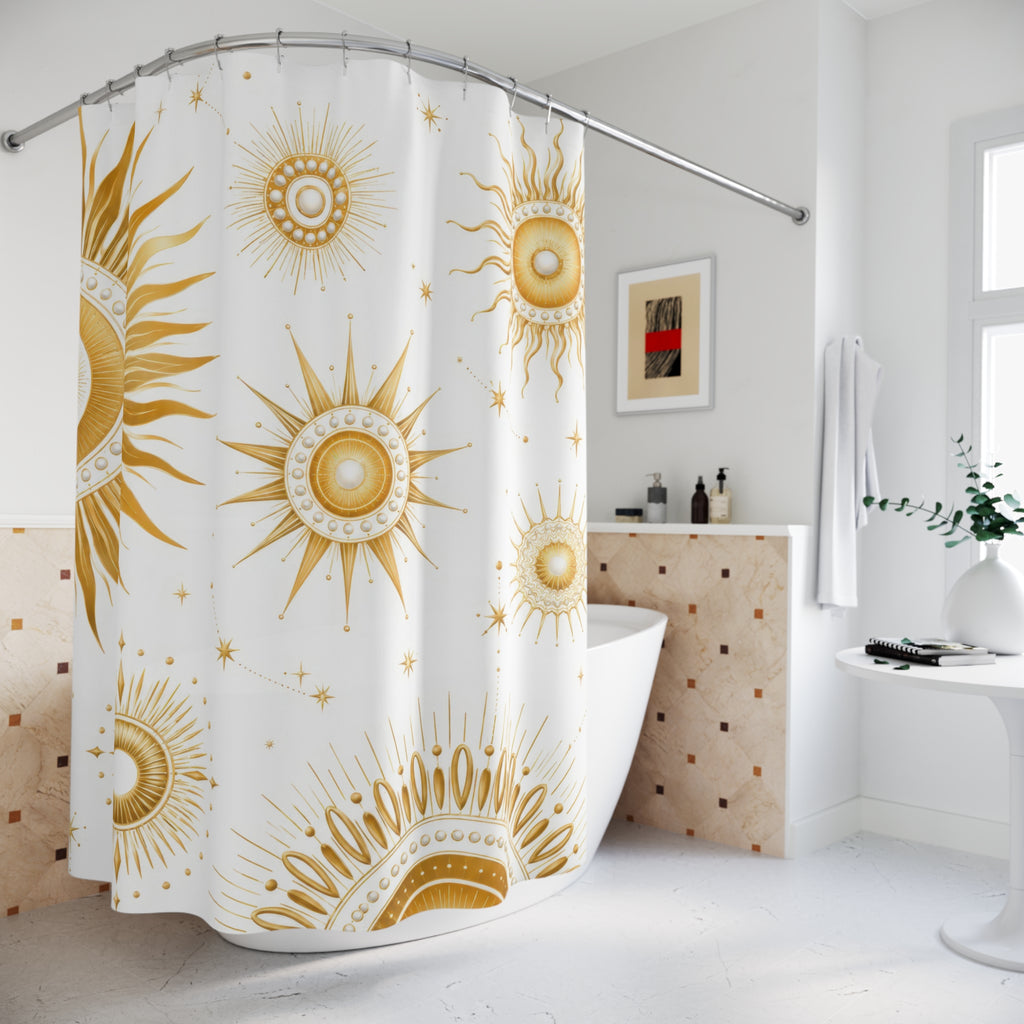 Gold sun medallions and starbursts on white shower curtain beside a freestanding tub