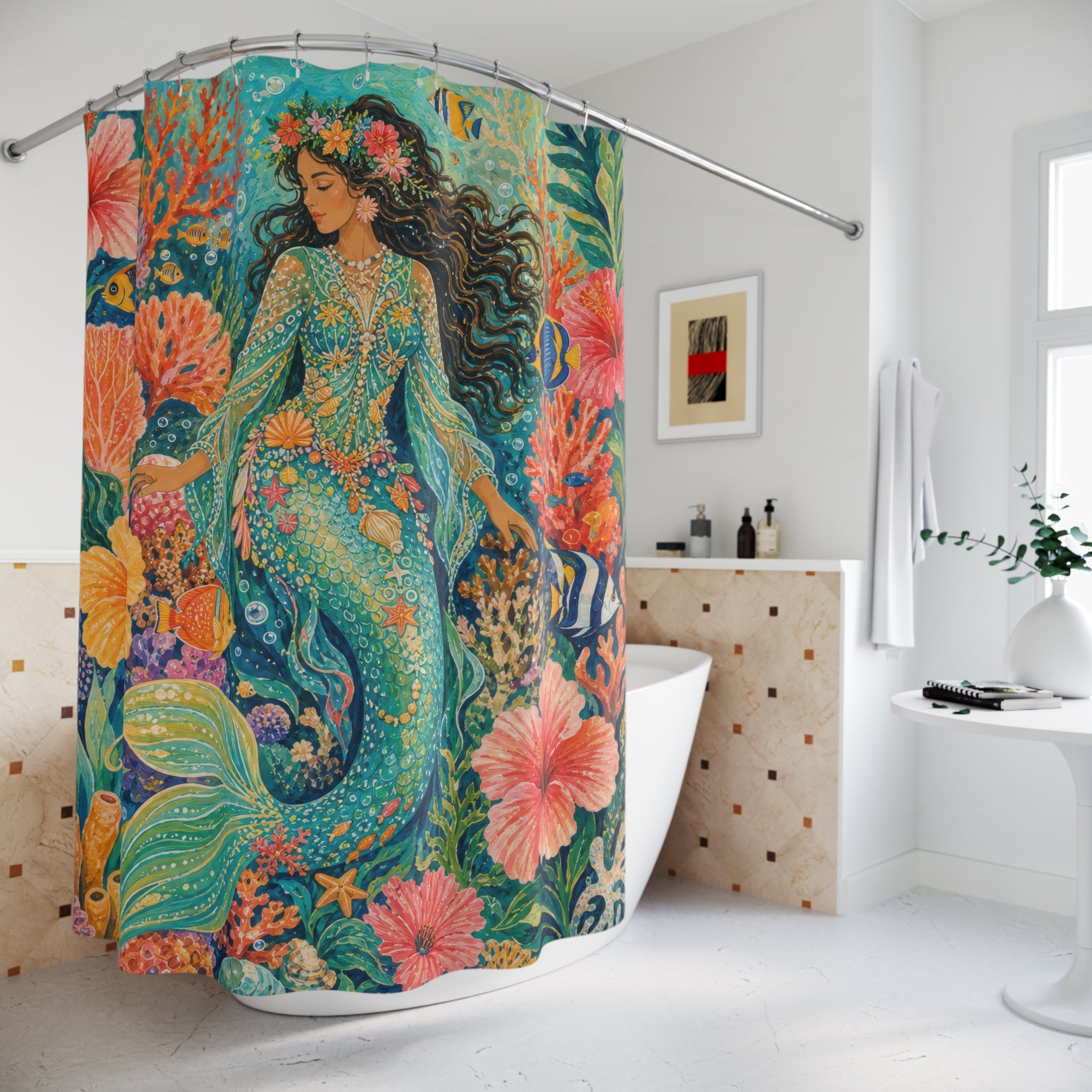 Mermaid Floral Ocean Shower Curtain