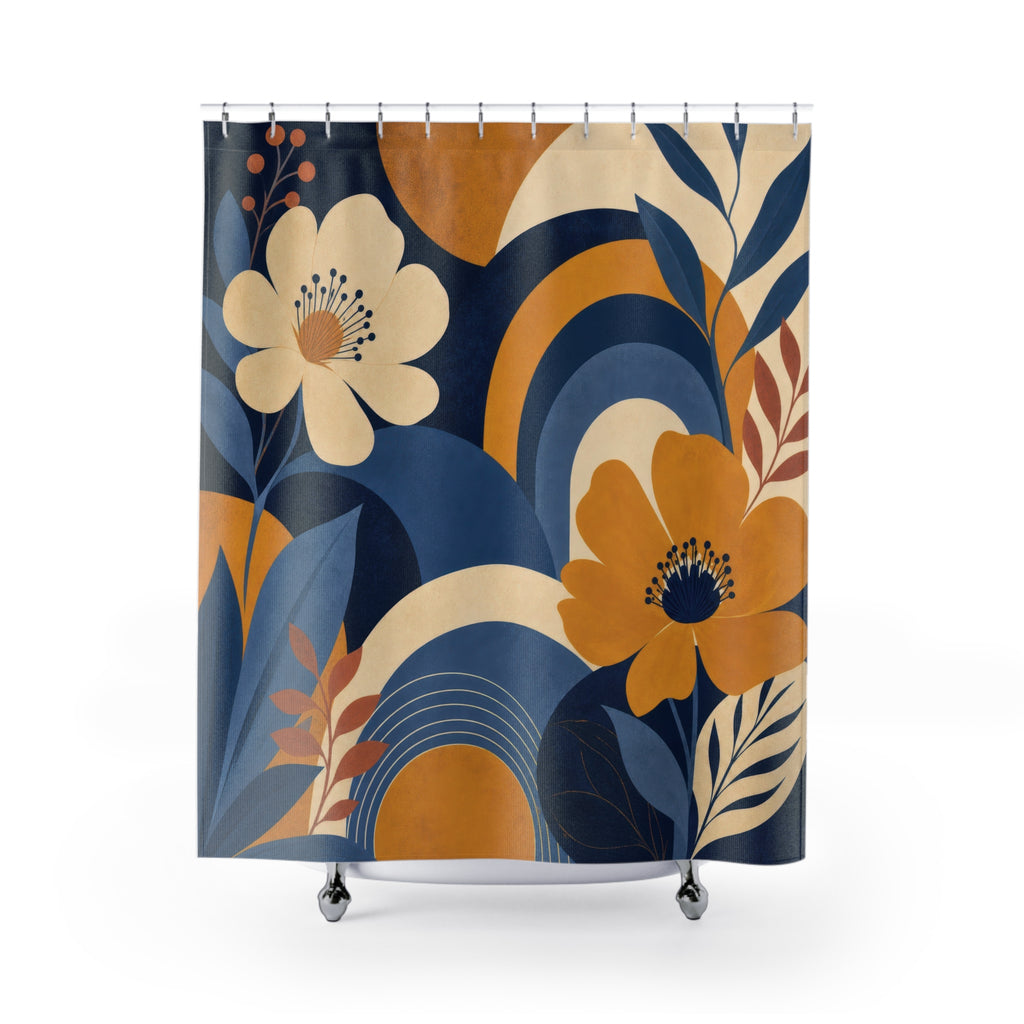 Mustard and Blue Shower Curtain: Retro Floral Botanical