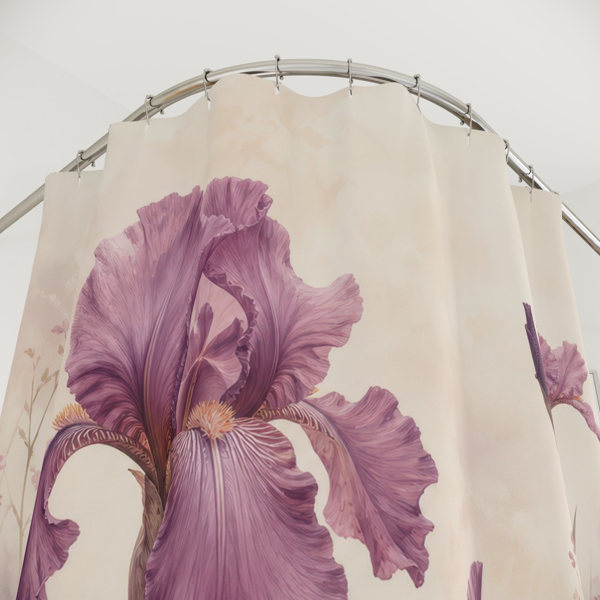 Mauve iris garden with plum blooms and cream ground shower curtain with close-up print, hooks, and folds