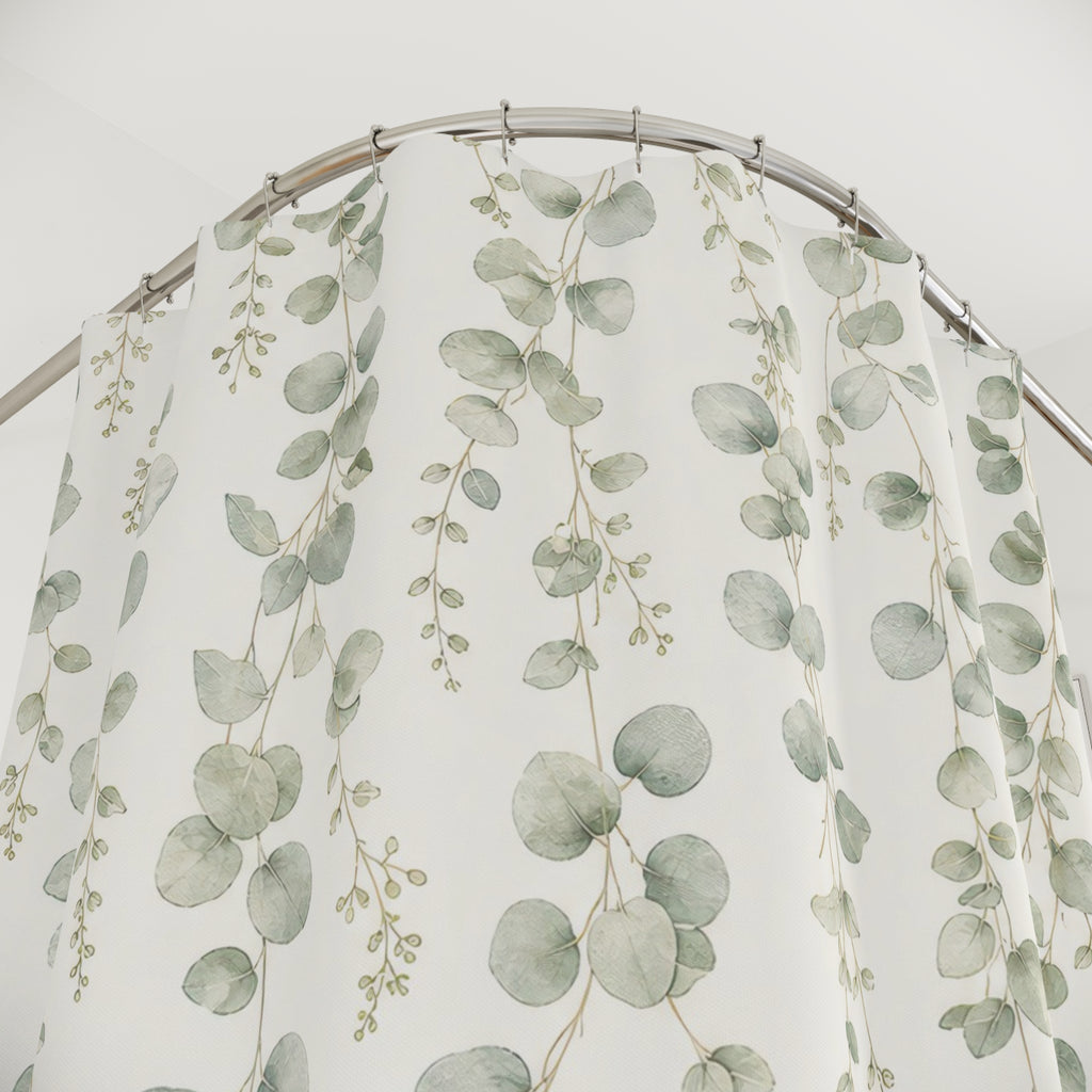 Green Botanical sage eucalyptus hanging shower curtain with close-up print, hooks, and folds