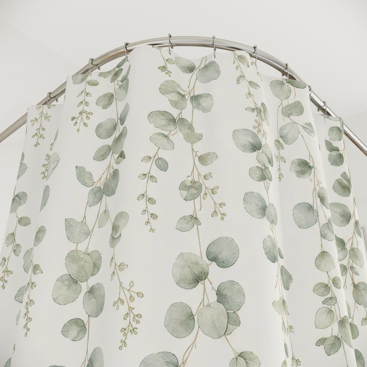 Green Botanical sage eucalyptus hanging shower curtain with close-up print, hooks, and folds