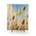 Bright yellow canary among sunlit meadow grasses shower curtain with full front view