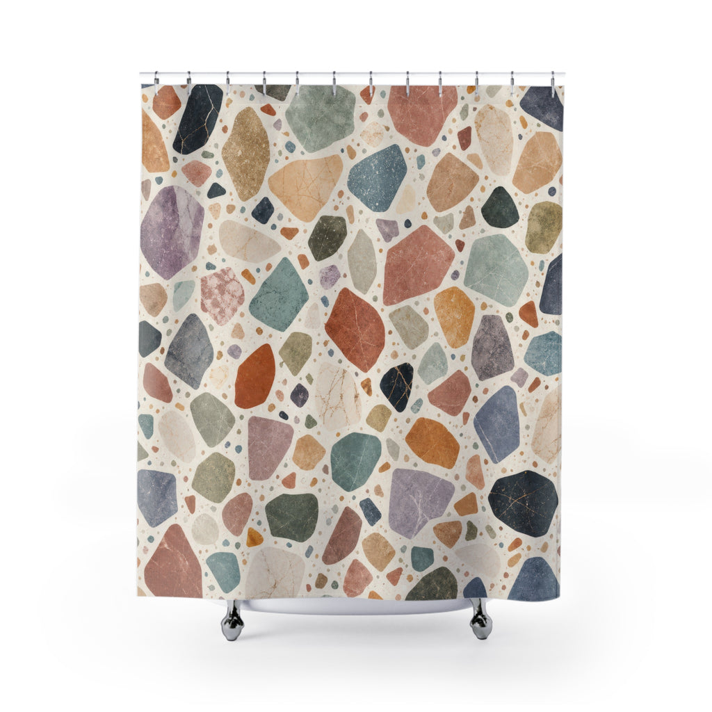 Unique Terrazzo Shower Curtain, Modern Multicolor Stone Chip Pattern, Cream Rust Blue Bathroom Decor, Graphic Guest Bath, Apartment Style