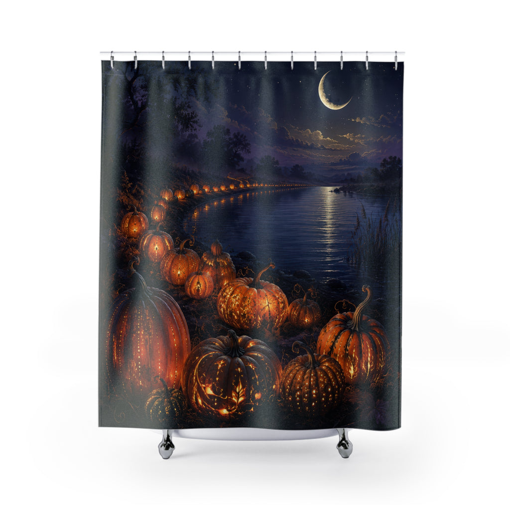Moonlit pumpkin river landscape shower curtain with full front view