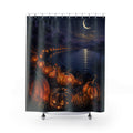 Moonlit pumpkin river landscape shower curtain with full front view