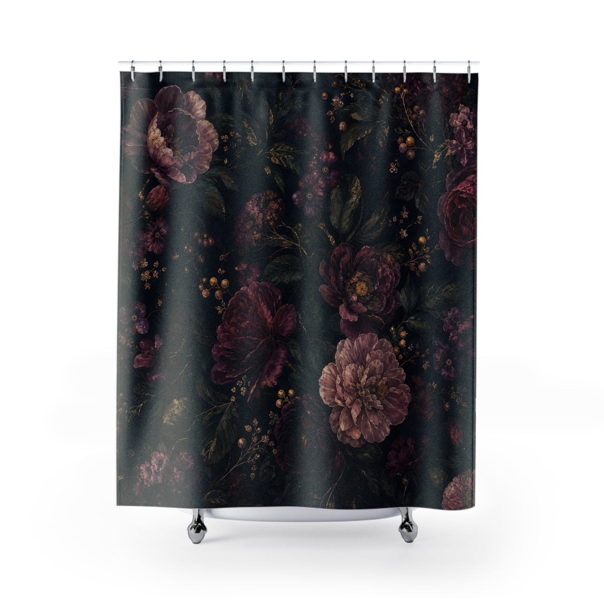 Midnight Garden dark floral burgundy shower curtain with full front view