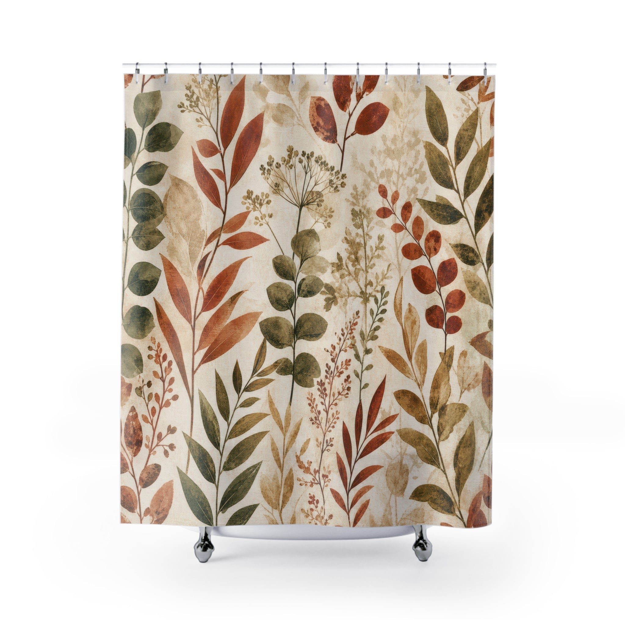 Rust Green Leafy Stem Botanical Shower Curtain