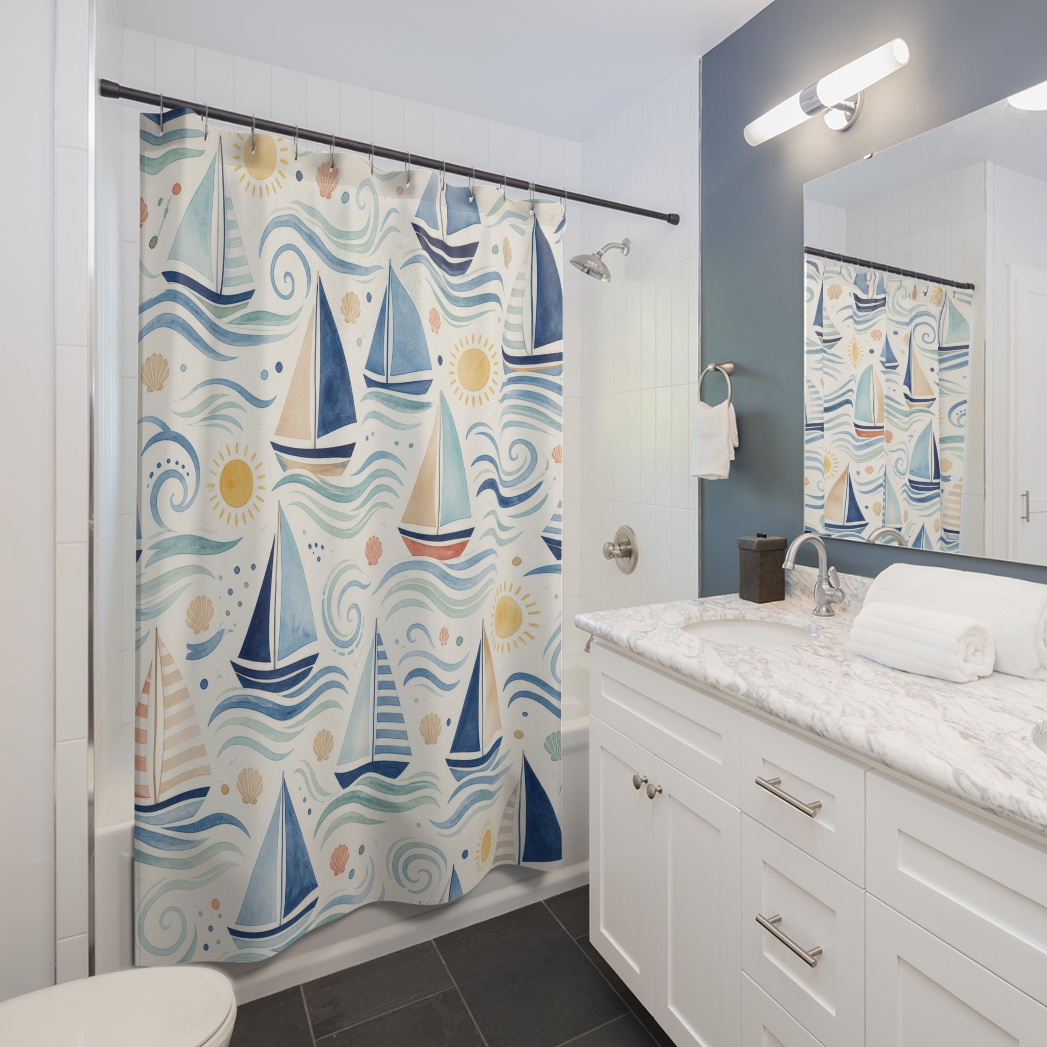 Navy Sailboat Shower Curtain