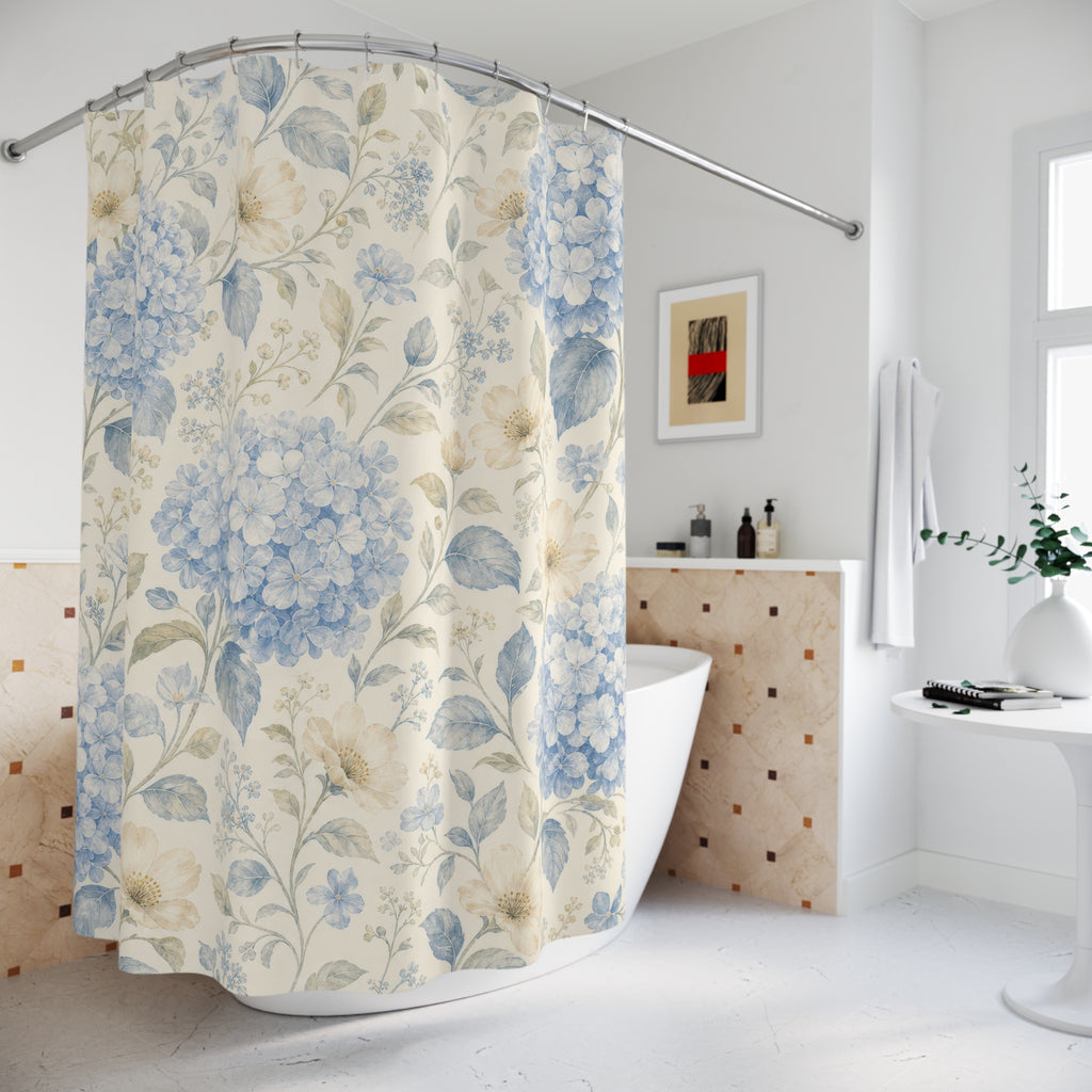 Hydrangea Blue Floral Botanical Cottage Cottagecore Beige Shower Curtain