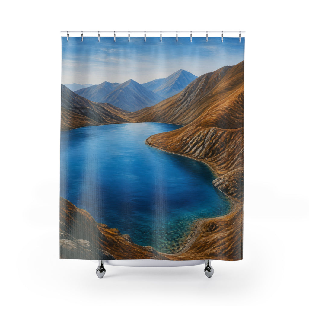 Blue alpine lake between warm brown mountain slopes shower curtain with full front view