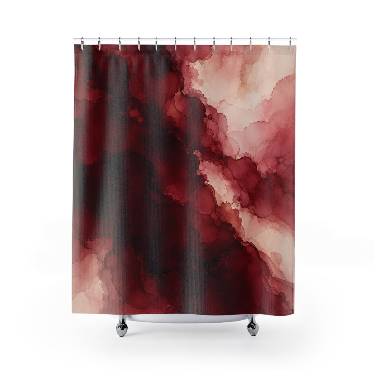 Maroon ink pools flowing into dusty rose and cream shower curtain with full front view