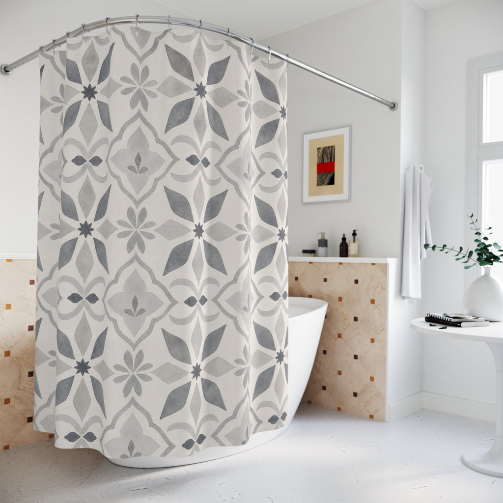 Grey White Tile Flower Shower Curtain