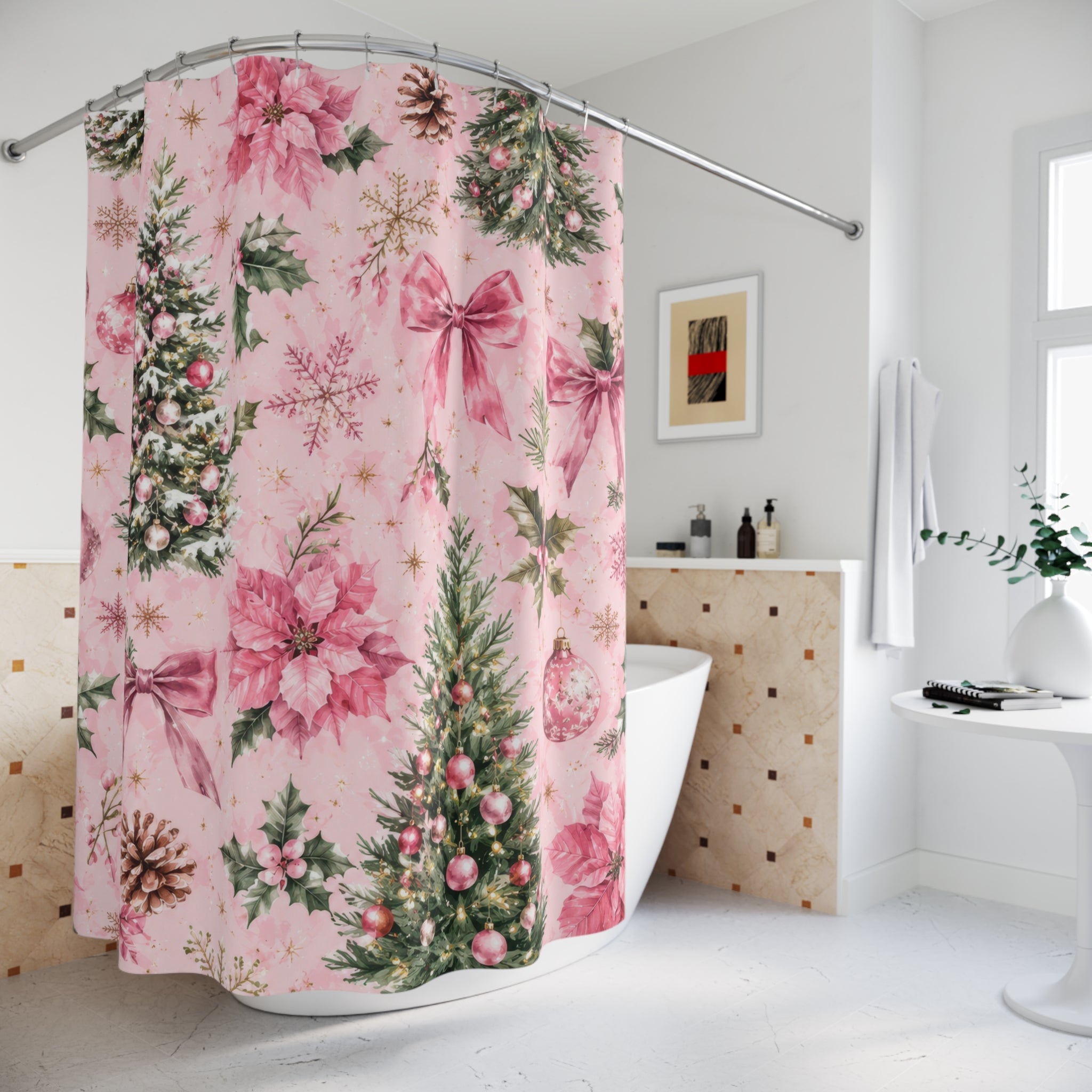 Christmas Shower Curtain: Pink Holiday Floral
