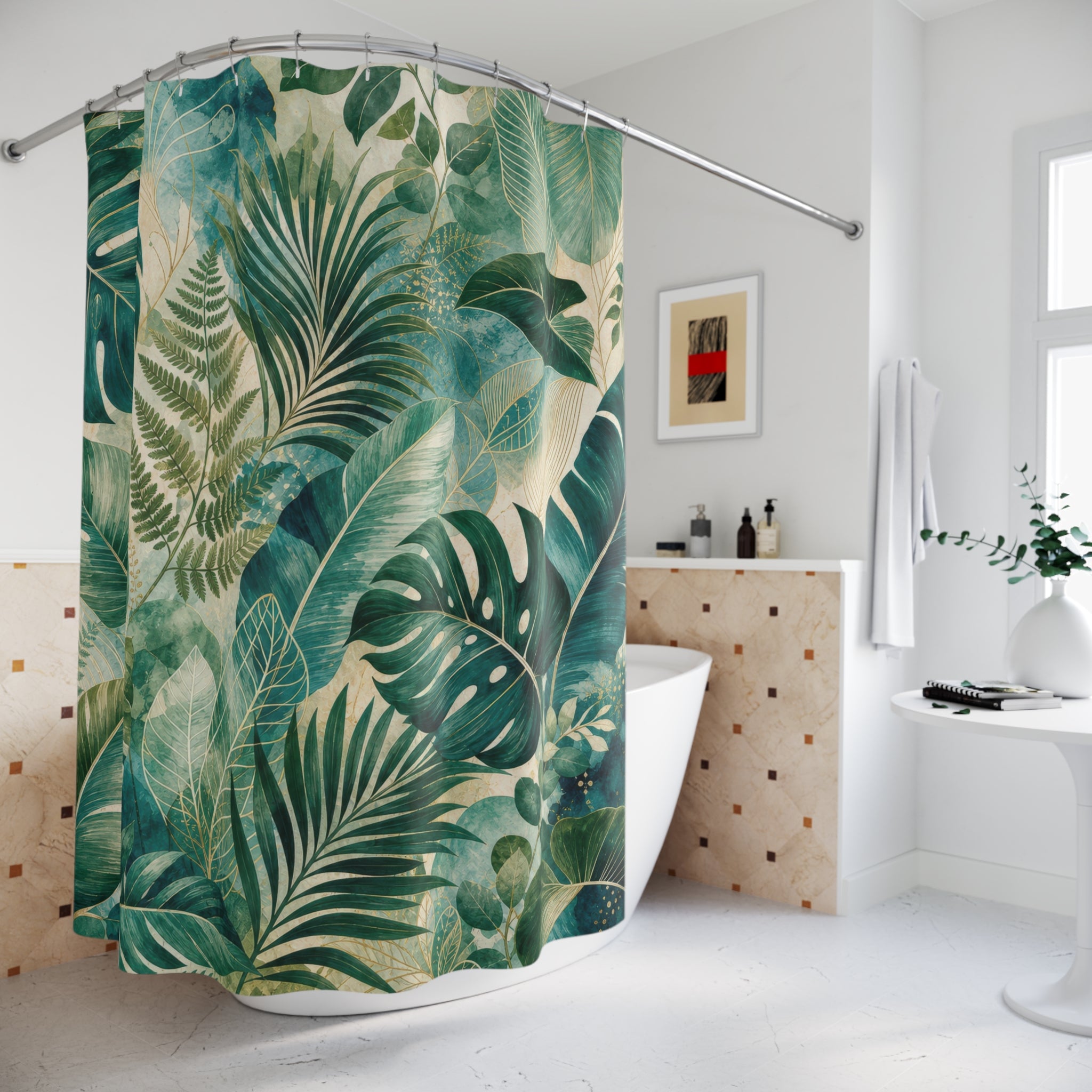 Green and Teal Shower Curtain: Tropical Leaf Pattern