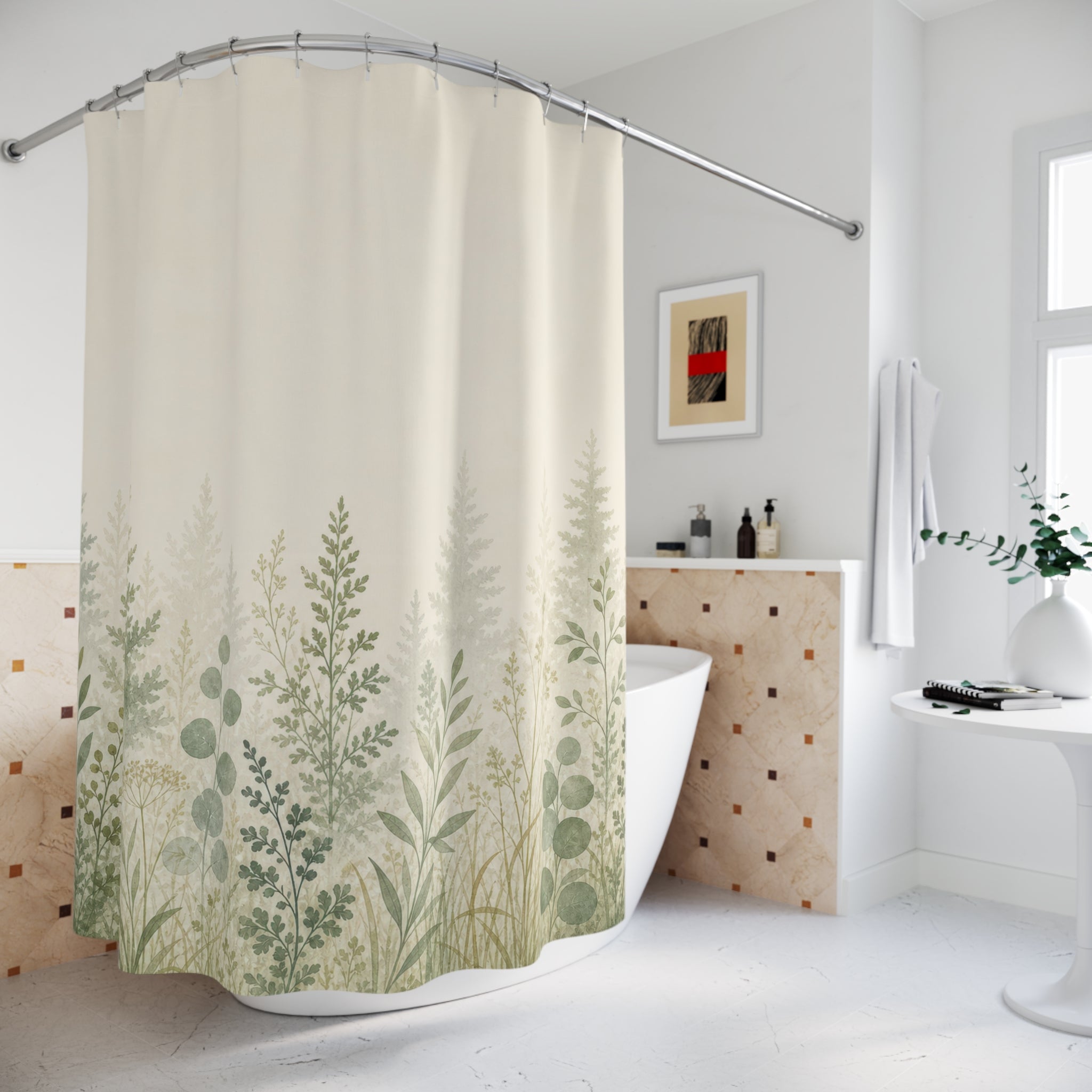 Minimal Green Tree Edge Print Shower Curtain