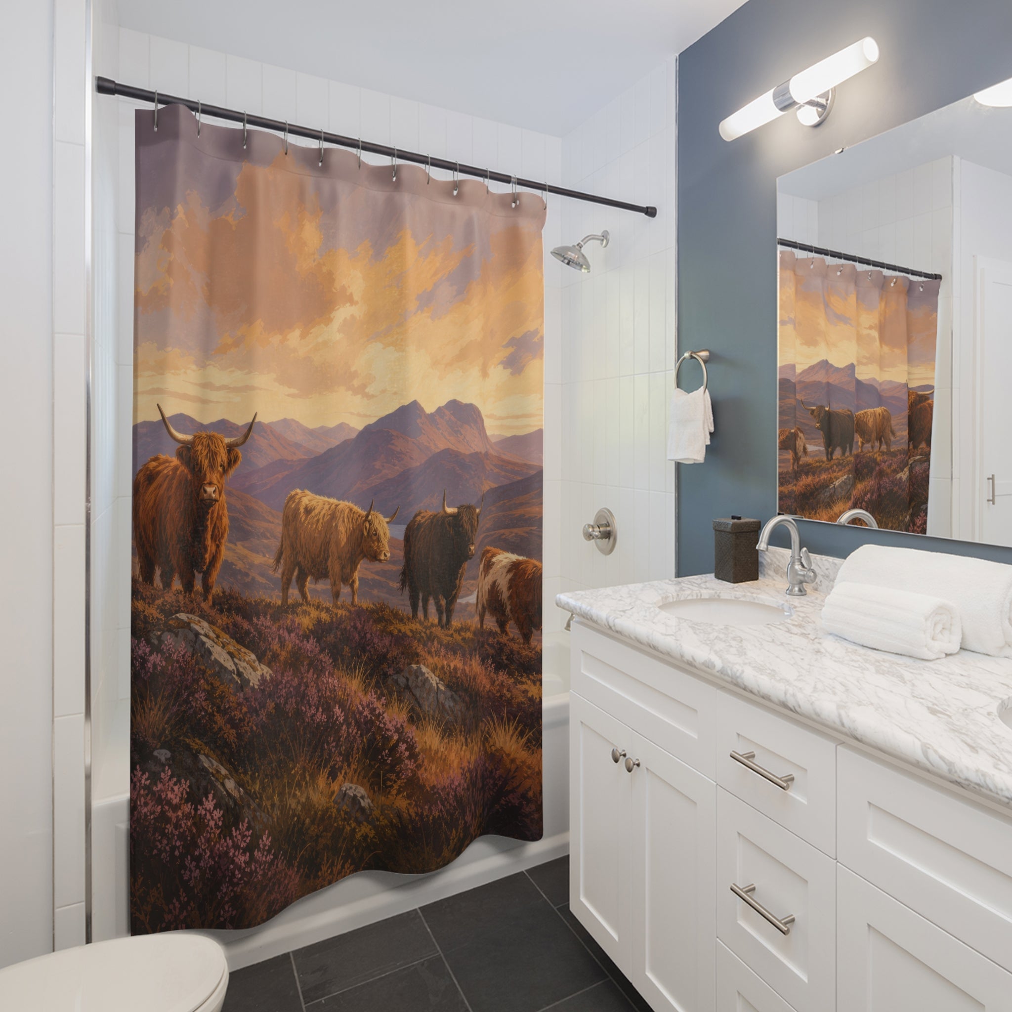 Windswept Highland Cow Herd Shower Curtain