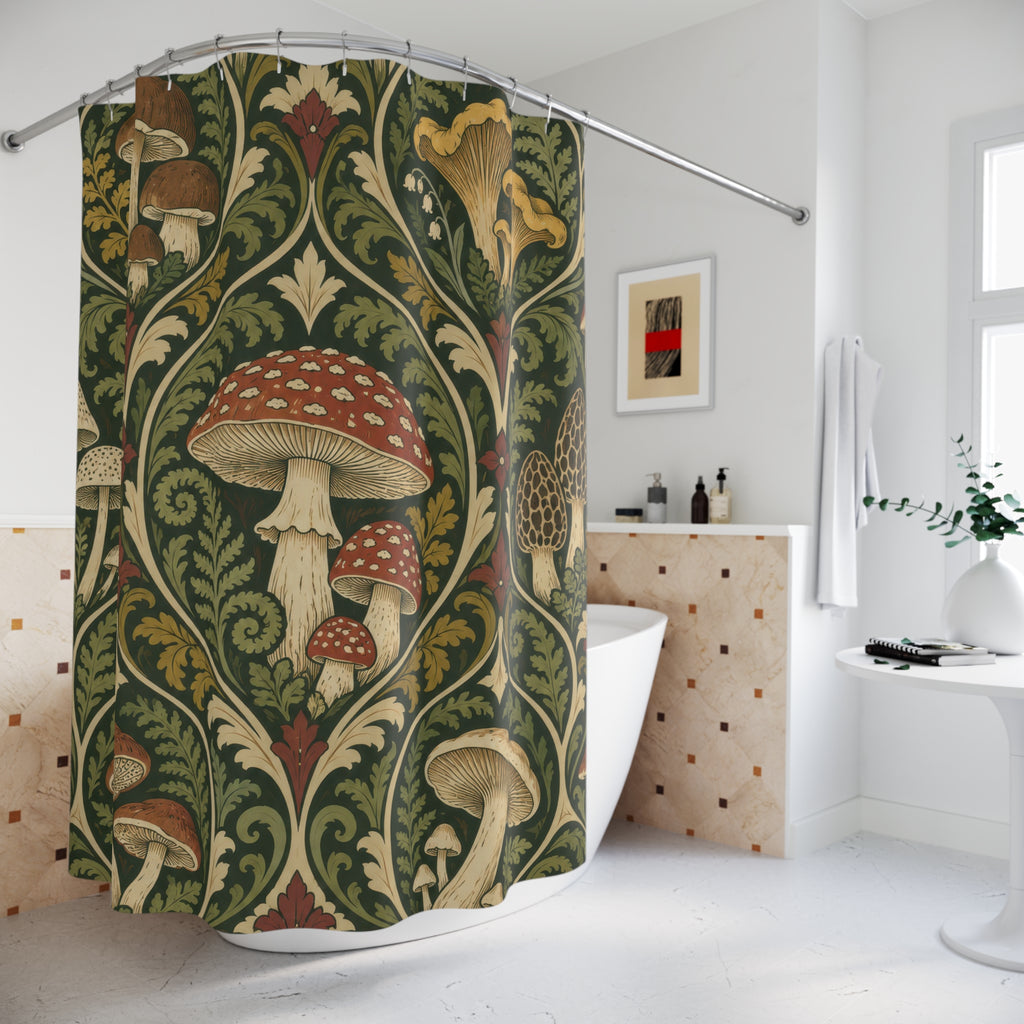 Vintage mushroom ornament in olive green and rust shower curtain beside a freestanding tub