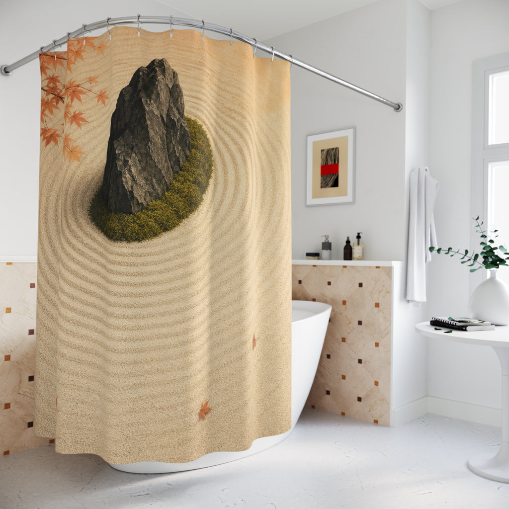 Charcoal stone and moss crescent in raked ivory gravel shower curtain beside a freestanding tub