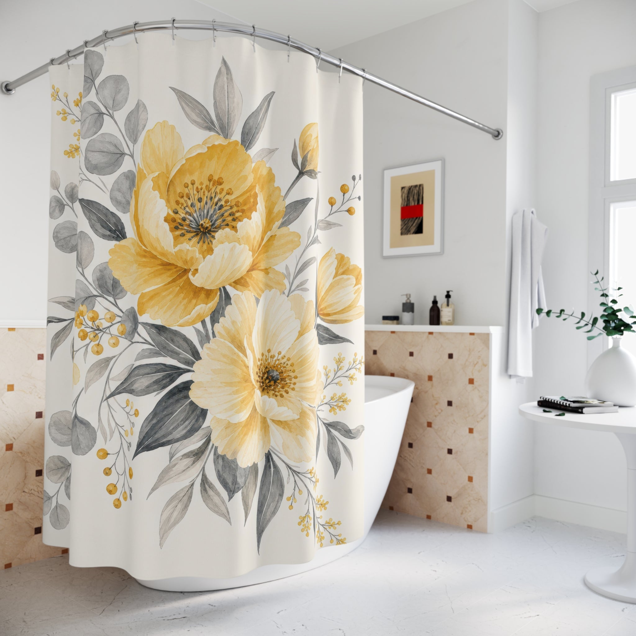 Gray Yellow Floral Shower Curtain: Gray Yellow Shower Curtain