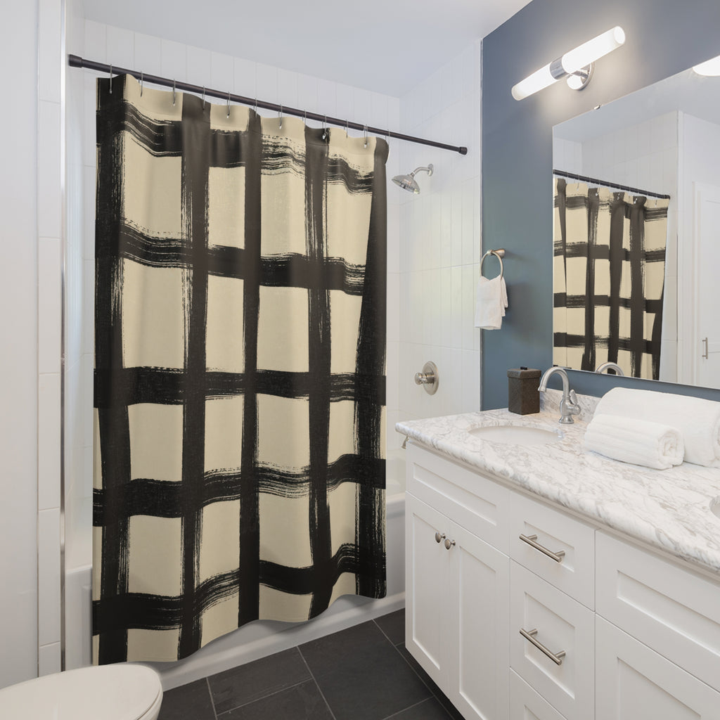 Black Cream Painted Grid Shower Curtain