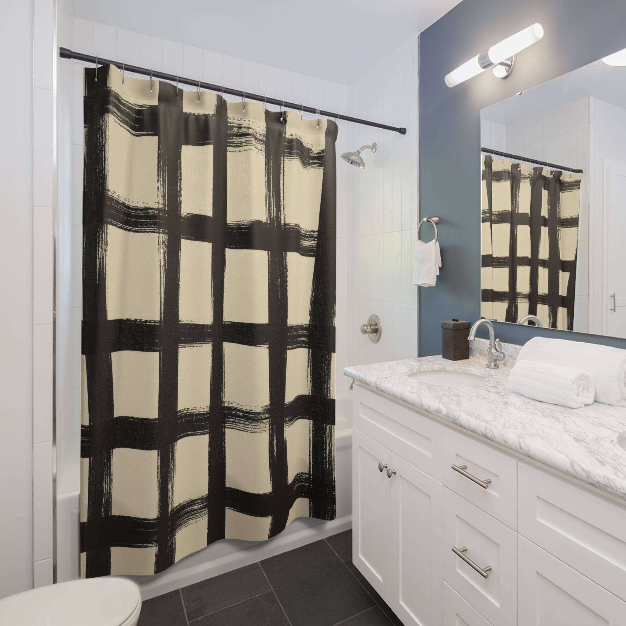 Black Cream Painted Grid Shower Curtain