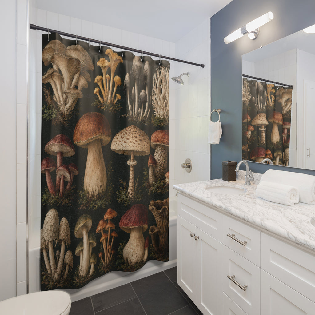 Vintage mushroom specimens on deep green shower curtain beside a white vanity