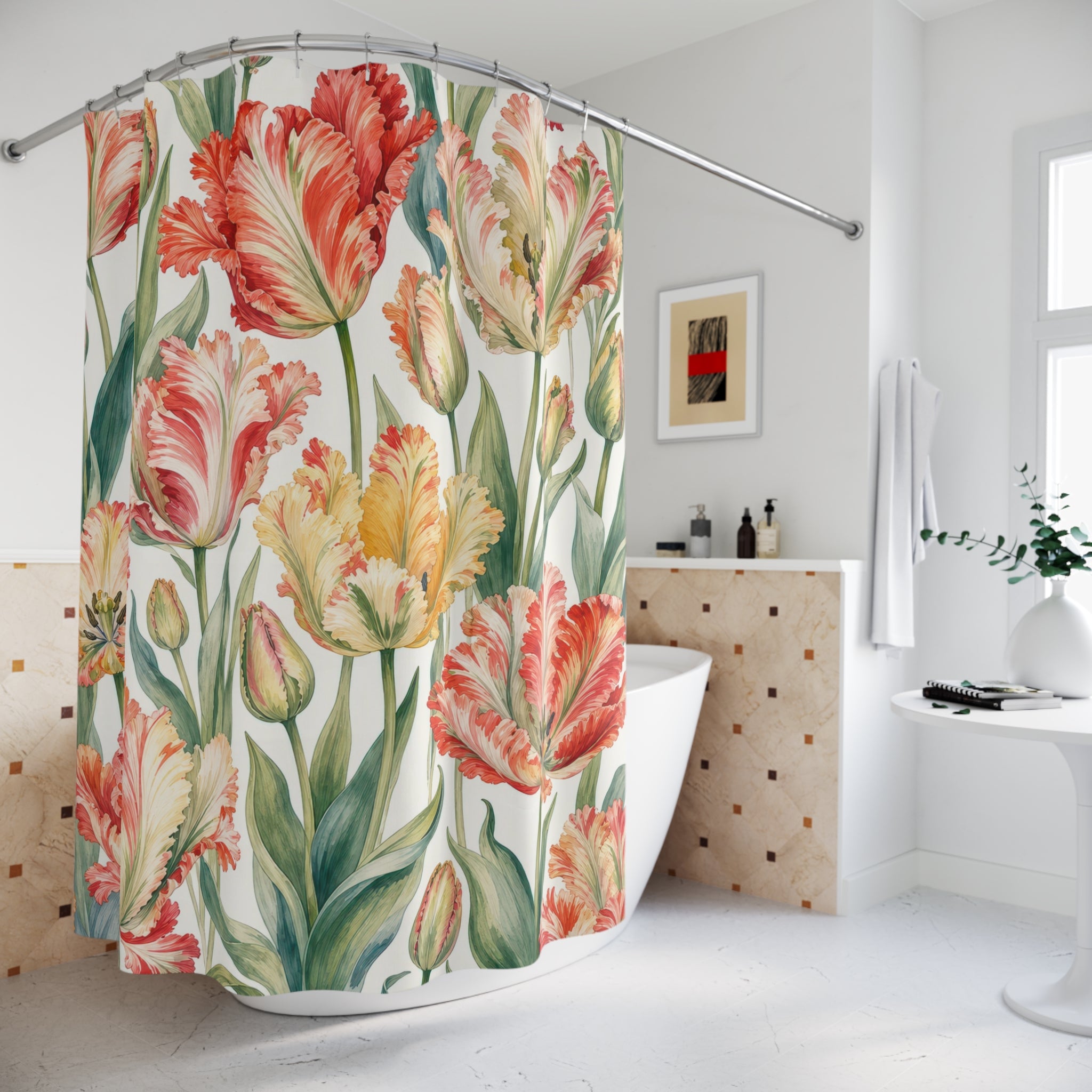 Coral Orange Floral Botanical Shower Curtain