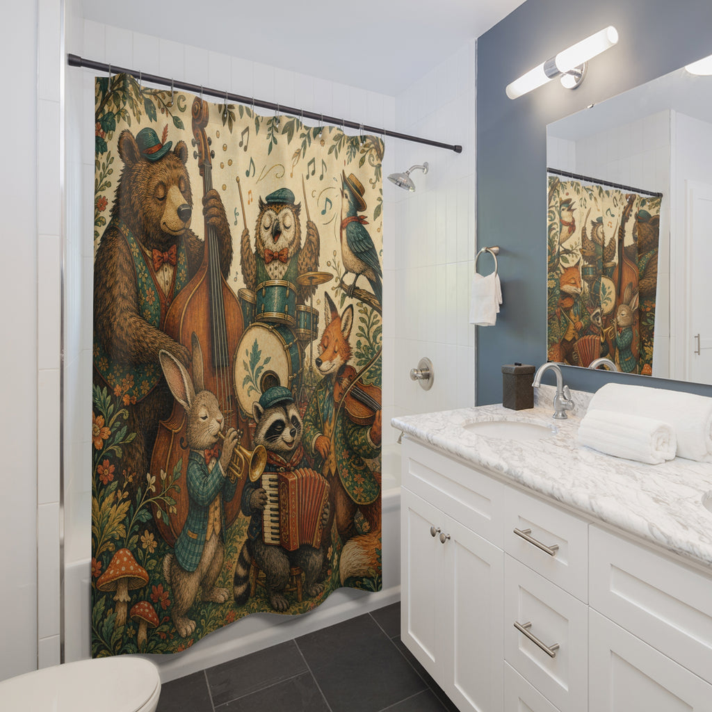 Unique Woodland Shower Curtain, Animal Band Music Art, Folk Forest Bathroom Decor, Storybook Music Wall Decor Guest Bath Gift For Home