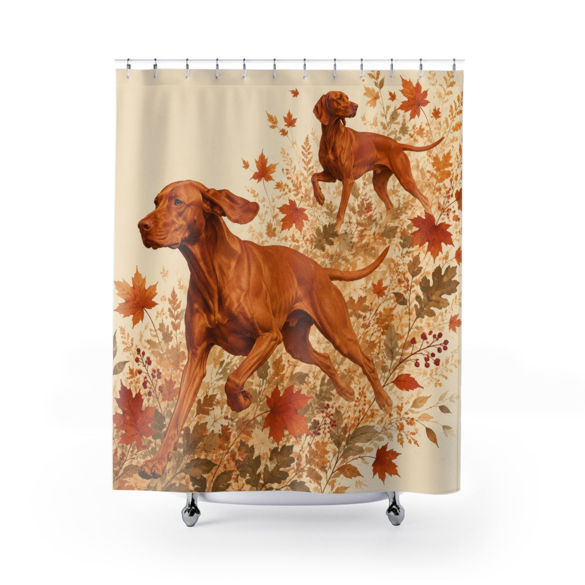 Autumn leaves Vizsla pair shower curtain with full front view