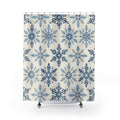 Blue ivory snowflake rosettes shower curtain with full front view