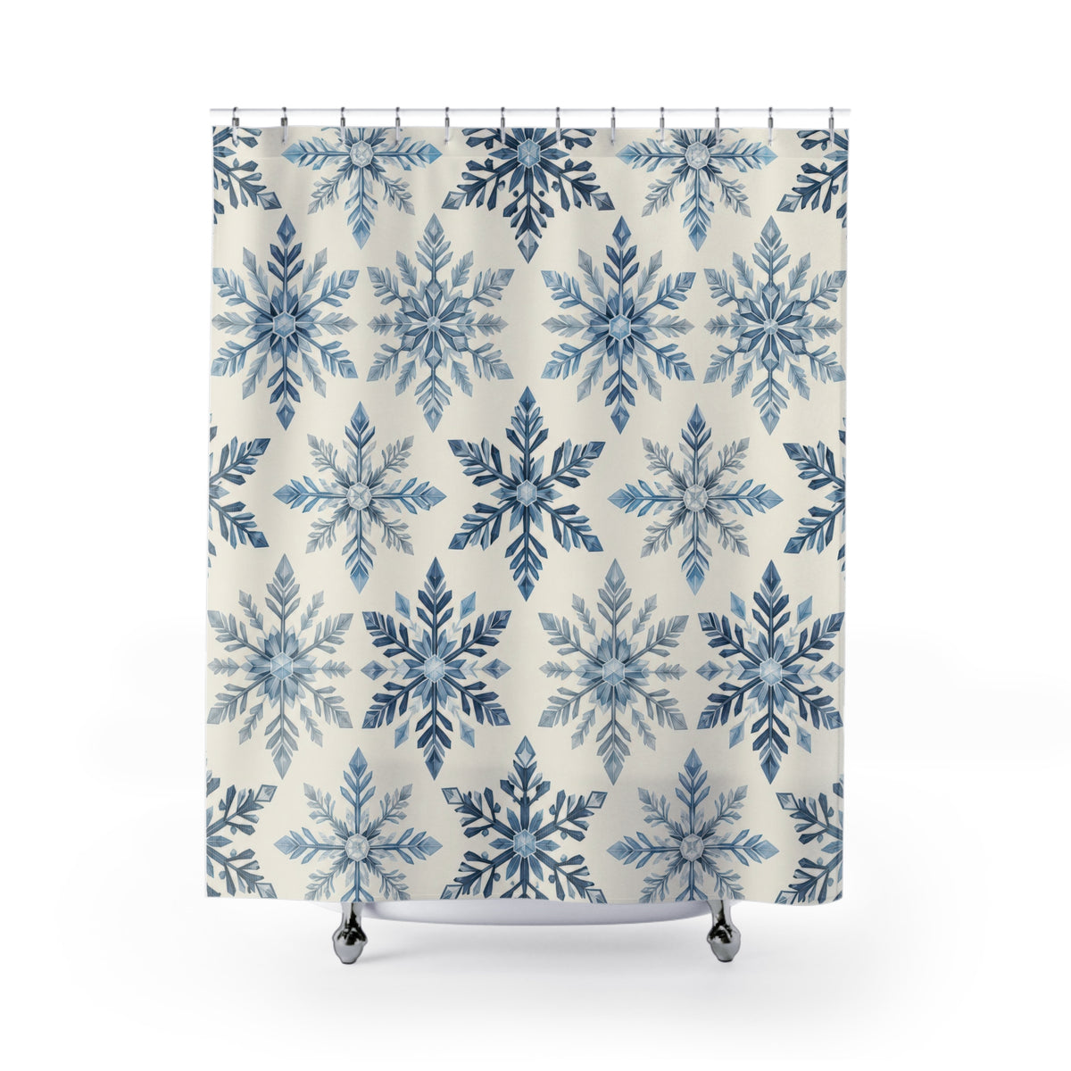 Blue ivory snowflake rosettes shower curtain with full front view