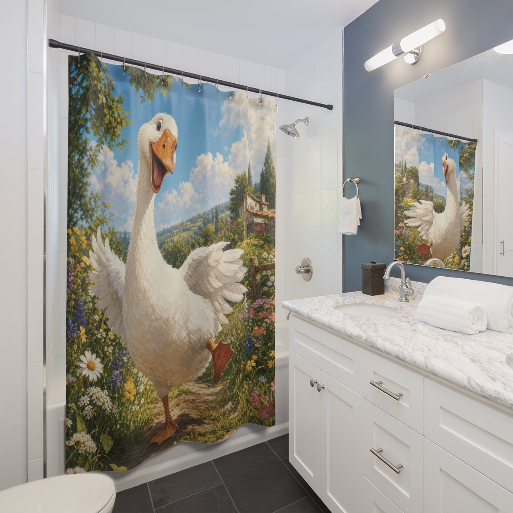 Goose Shower Curtain: Cute Farm Animal Garden