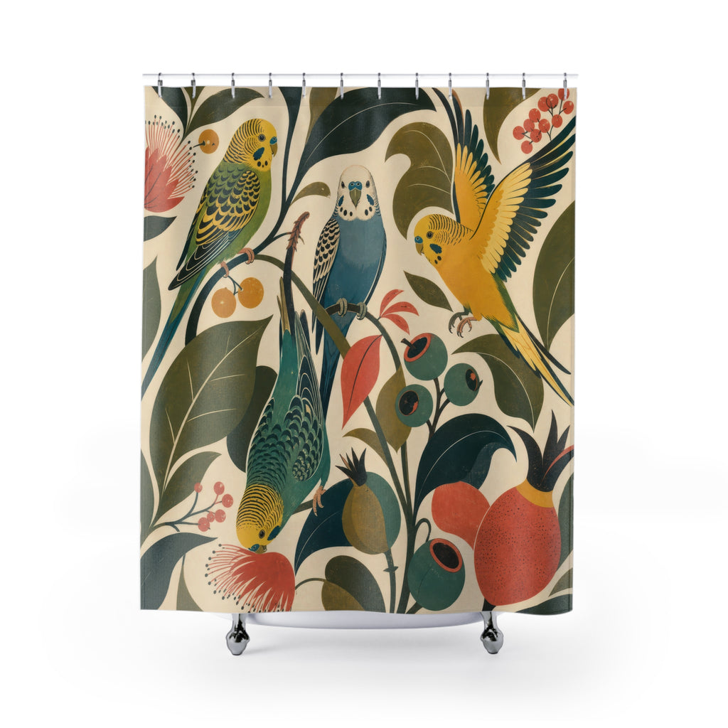 Mid Century Parakeet Garden shower curtain with full front view