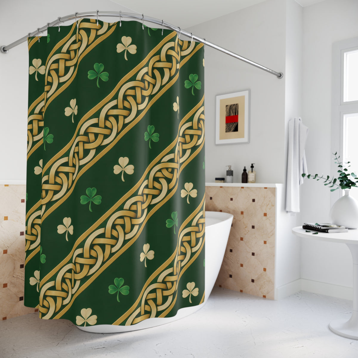 Gold-tone Celtic knots with green and ivory shamrocks shower curtain beside a freestanding tub