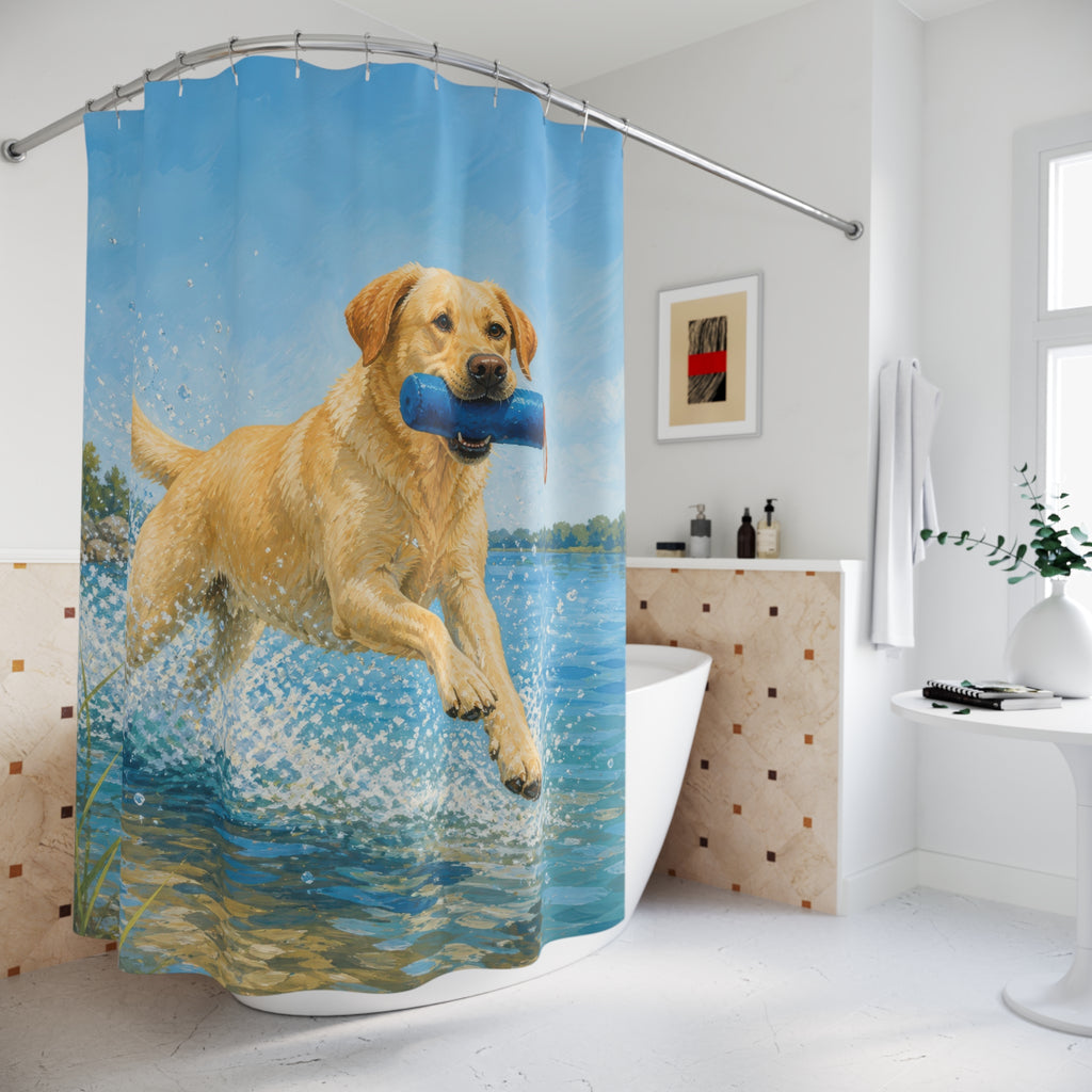 Yellow Labrador splashing through blue lake water shower curtain beside a freestanding tub