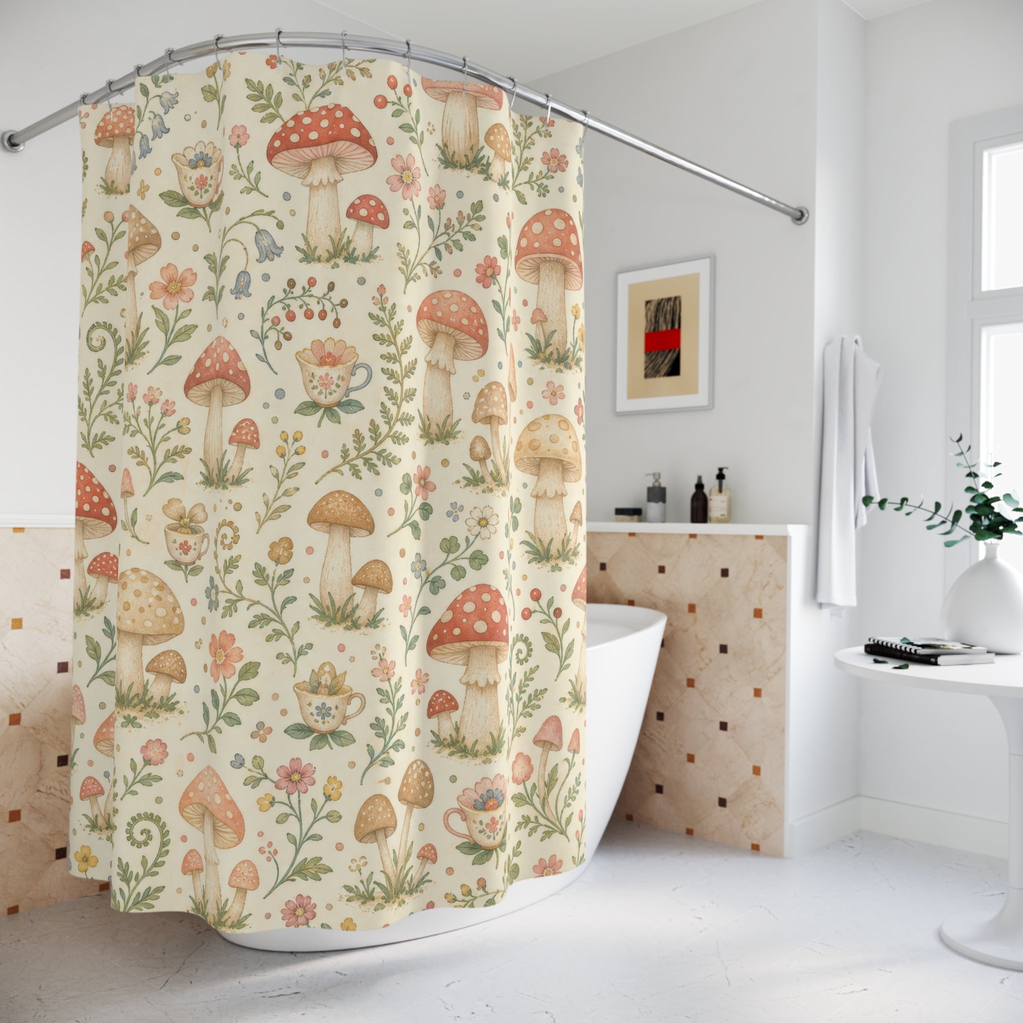 Cute Cottagecore Mushroom Floral Cottage Beige Brown Shower Curtain