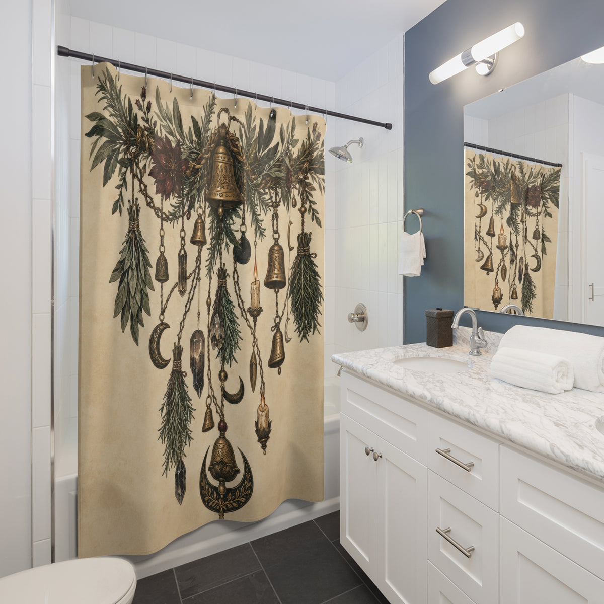 Wiccan hanging herbs bells crystals and lunar talismans shower curtain beside a white vanity